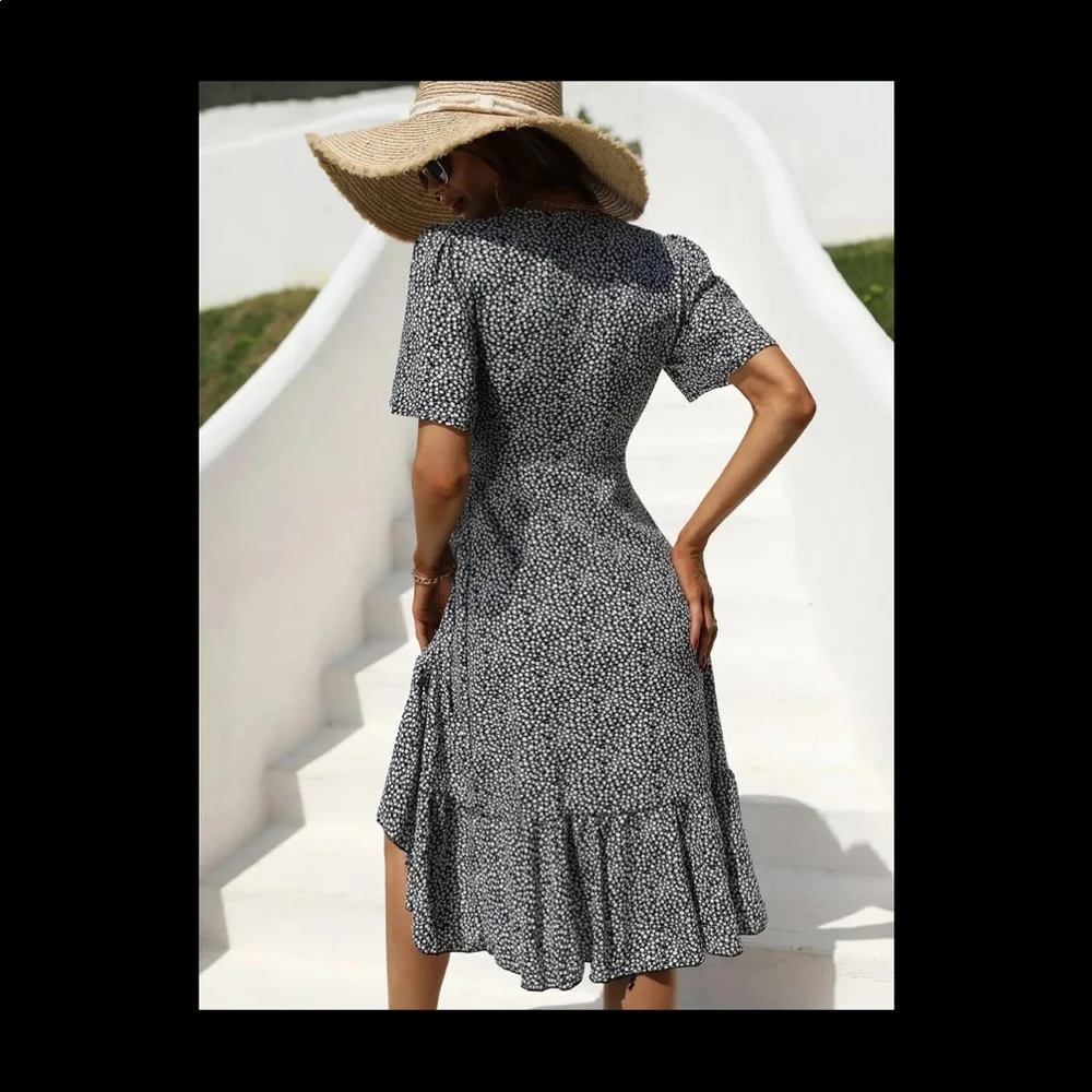 BRAND NEW DITSY FLORAL OVERLAP COLLAR RUFFLE TRIM WRAP DRESS - Picture 9 of 9